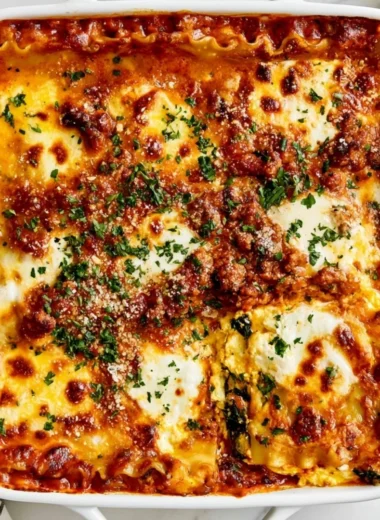 Delicious cottage cheese lasagna served on a plate with herbs and cheese