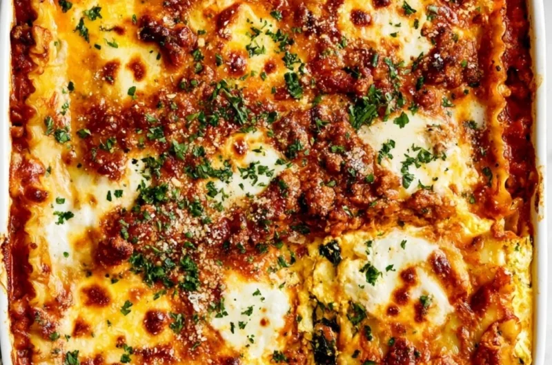 Delicious cottage cheese lasagna served on a plate with herbs and cheese
