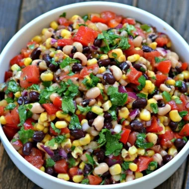 A colorful bowl of Cowboy Caviar showcasing beans, corn, peppers, and dressing.