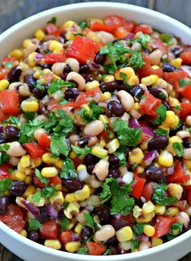 A colorful bowl of Cowboy Caviar showcasing beans, corn, peppers, and dressing.