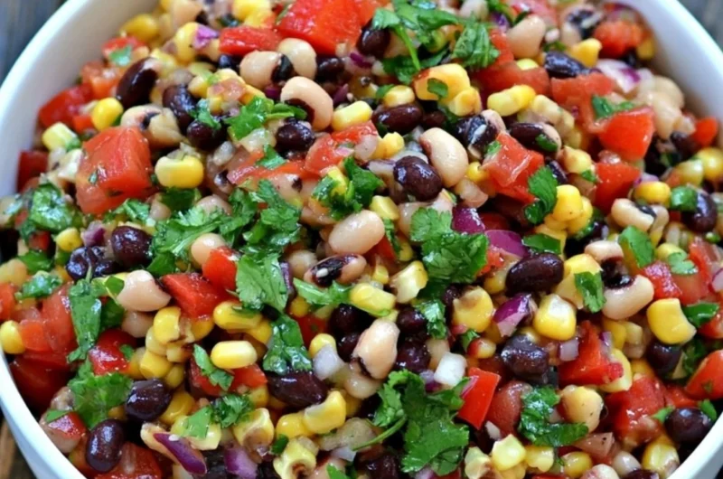 A colorful bowl of Cowboy Caviar showcasing beans, corn, peppers, and dressing.