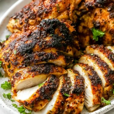 Delicious air fryer boneless chicken thighs served on a plate with herbs