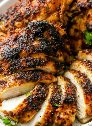 Delicious air fryer boneless chicken thighs served on a plate with herbs