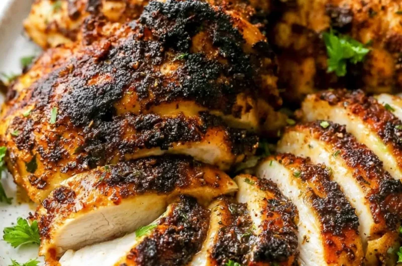 Delicious air fryer boneless chicken thighs served on a plate with herbs