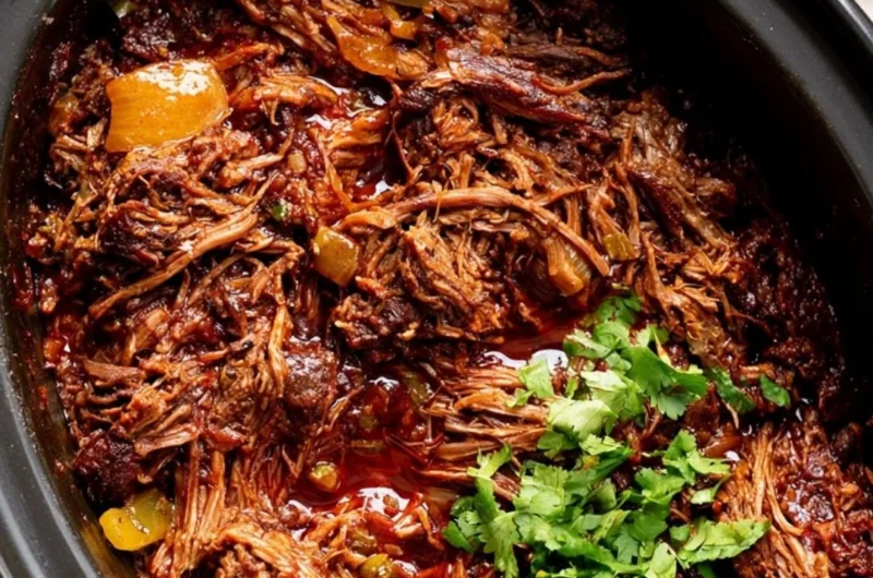 A bowl of cozy beef barbacoa served with tortillas and fresh toppings.