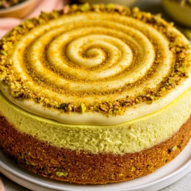 Slice of cozy pistachio cheesecake topped with crushed nuts and a mint leaf