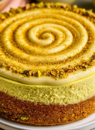Slice of cozy pistachio cheesecake topped with crushed nuts and a mint leaf