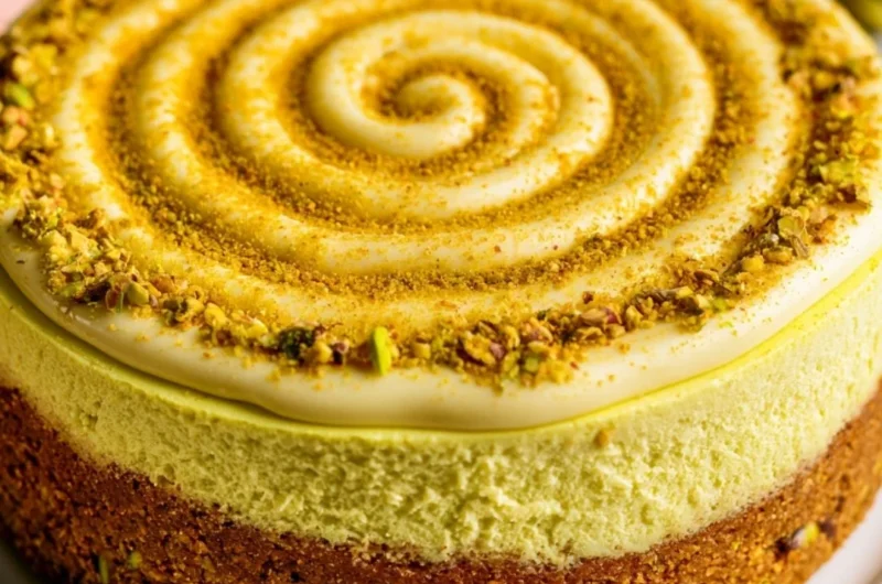 Slice of cozy pistachio cheesecake topped with crushed nuts and a mint leaf