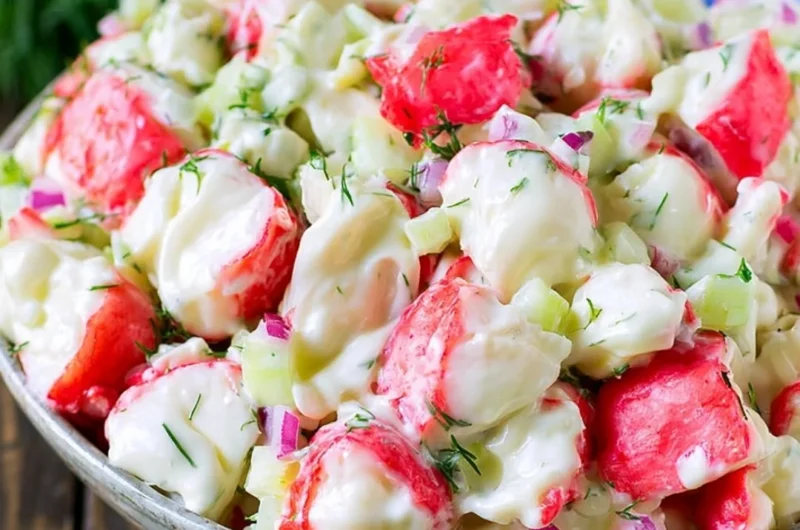 Delicious crab salad garnished with fresh herbs and served in a bowl.