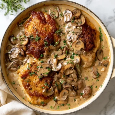 Creamy mushroom chicken dish served with a side of vegetables