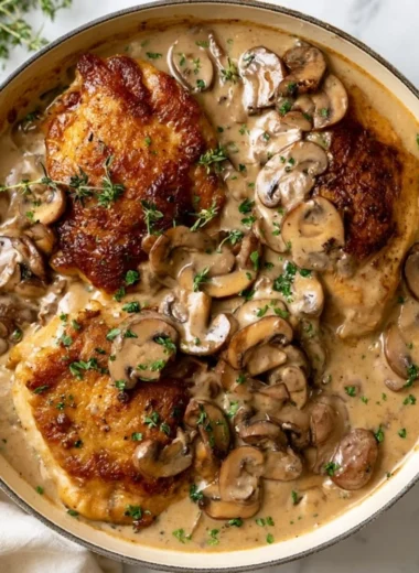 Creamy mushroom chicken dish served with a side of vegetables