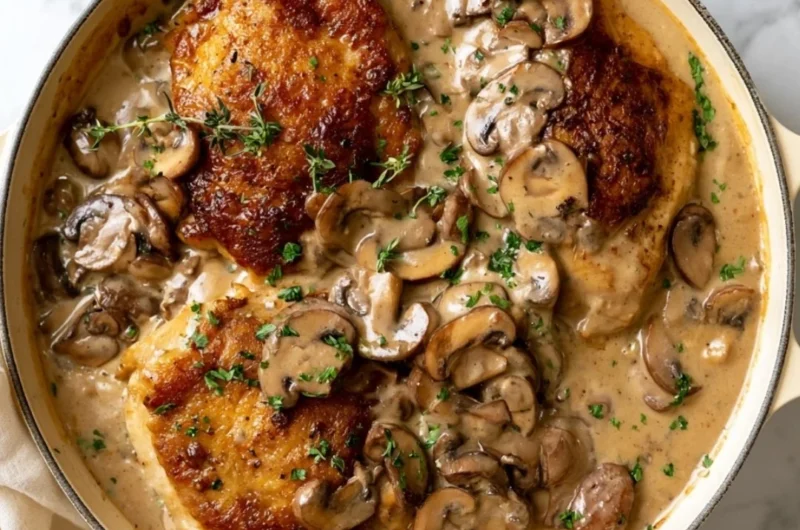 Creamy mushroom chicken dish served with a side of vegetables