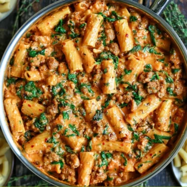 Creamy sausage rigatoni served in a bowl with herbs