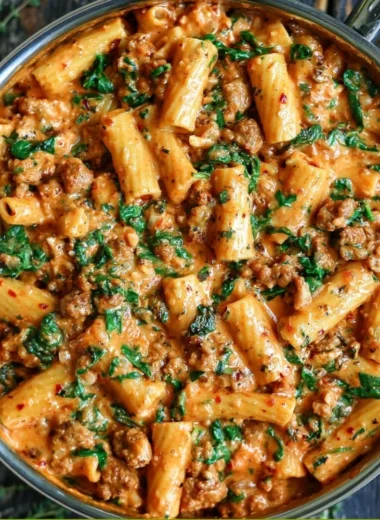 Creamy sausage rigatoni served in a bowl with herbs
