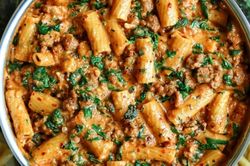 Creamy sausage rigatoni served in a bowl with herbs