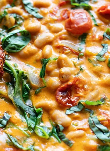 Creamy vegan tomato stew with white beans in a bowl, garnished with fresh herbs