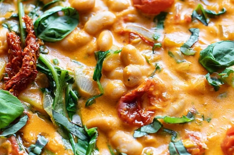 Creamy vegan tomato stew with white beans in a bowl, garnished with fresh herbs