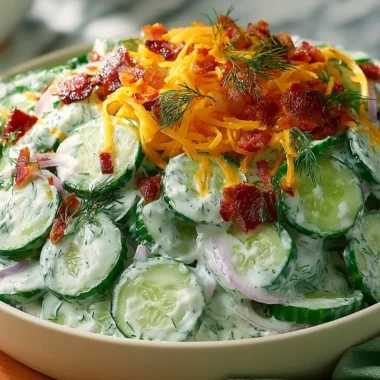 Fresh Cucumber Ranch Salad topped with creamy ranch dressing and herbs