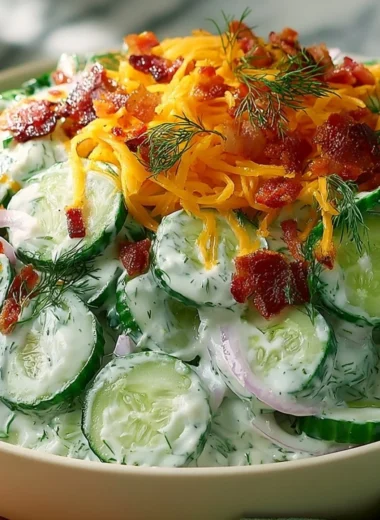 Fresh Cucumber Ranch Salad topped with creamy ranch dressing and herbs