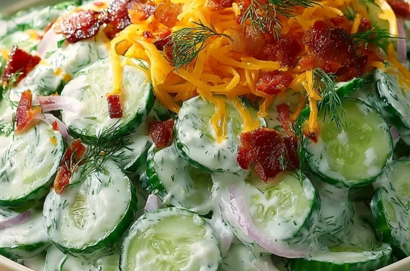 Fresh Cucumber Ranch Salad topped with creamy ranch dressing and herbs