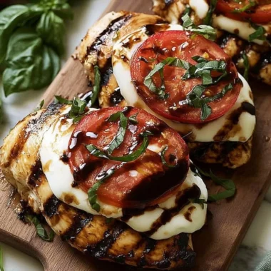 Delicious Easy Grilled Chicken Caprese topped with fresh basil and mozzarella