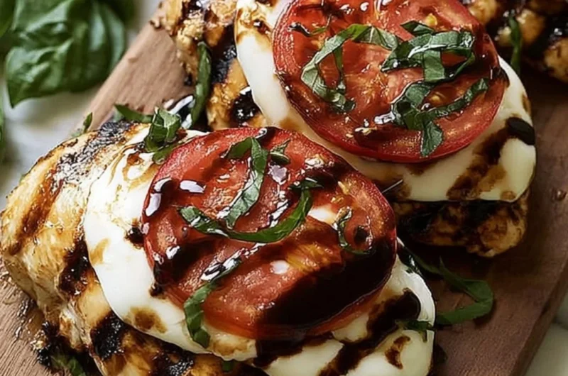 Delicious Easy Grilled Chicken Caprese topped with fresh basil and mozzarella