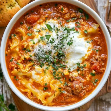 Bowl of easy lasagna soup topped with cheese and herbs