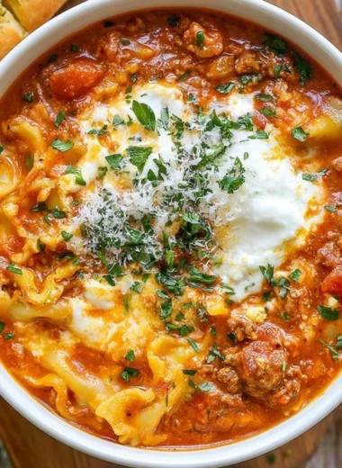 Bowl of easy lasagna soup topped with cheese and herbs