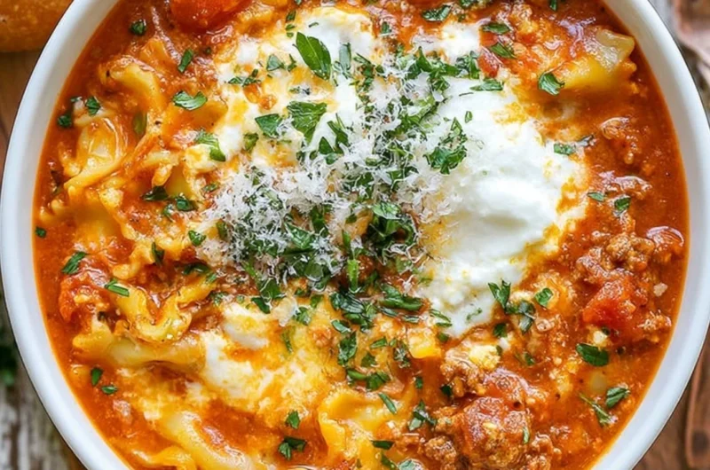 Bowl of easy lasagna soup topped with cheese and herbs