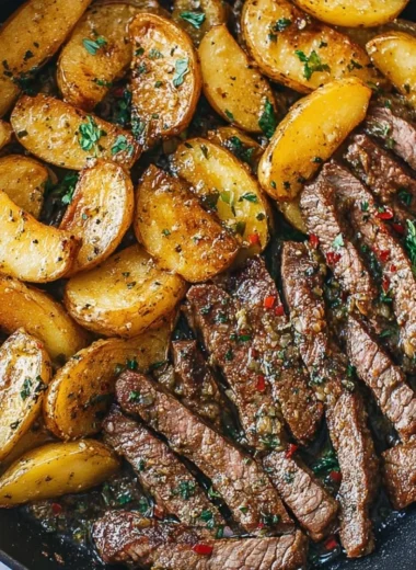 Garlic Butter Steak and Potatoes Skillet served in a stylish pan