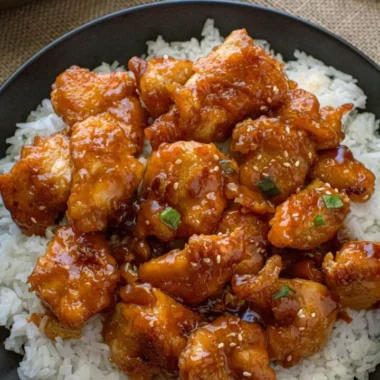 Plate of General Tso's Chicken garnished with sesame seeds and scallions