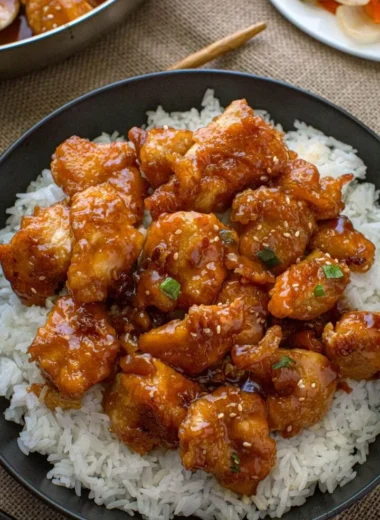 Plate of General Tso's Chicken garnished with sesame seeds and scallions