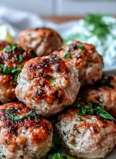 Greek turkey meatballs served with creamy tzatziki sauce