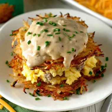 Delicious Hash Browns Breakfast Stack served with eggs and toppings.