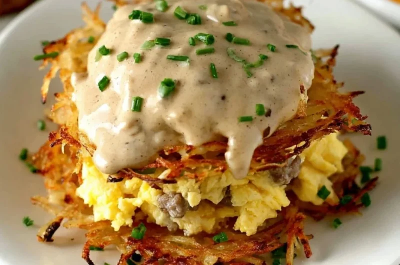 Delicious Hash Browns Breakfast Stack served with eggs and toppings.