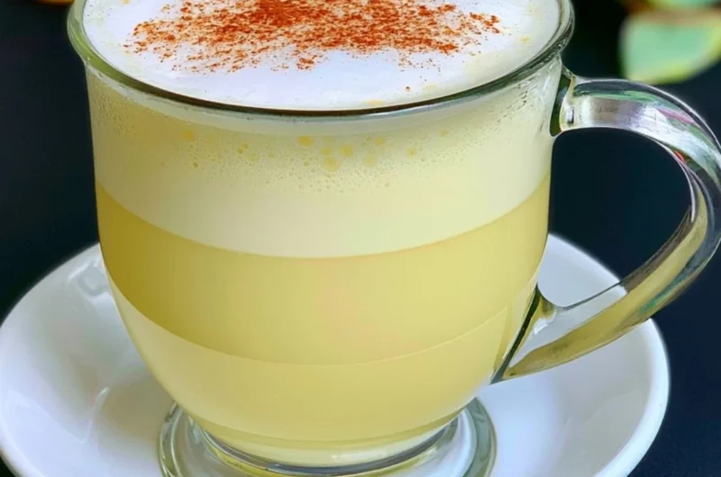 Honey Chamomile Tea Latte with frothy milk and honey drizzle