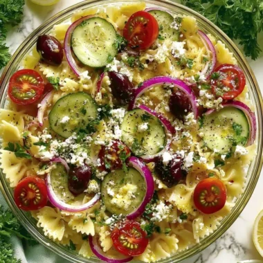 A bowl of delicious Mediterranean Pasta Salad with colorful vegetables and herbs.