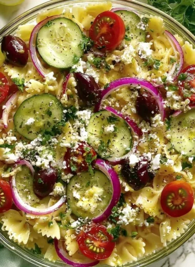 A bowl of delicious Mediterranean Pasta Salad with colorful vegetables and herbs.