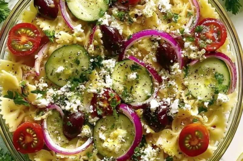 A bowl of delicious Mediterranean Pasta Salad with colorful vegetables and herbs.