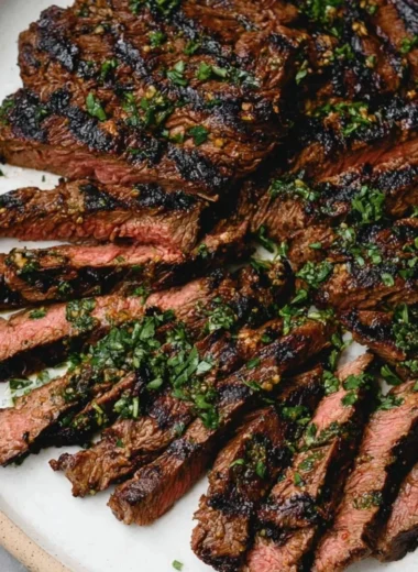 Italian skirt steak sliced with citrus marinade on a plate