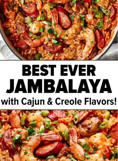 A colorful bowl of jambalaya with rice, shrimp, sausage, and spices.