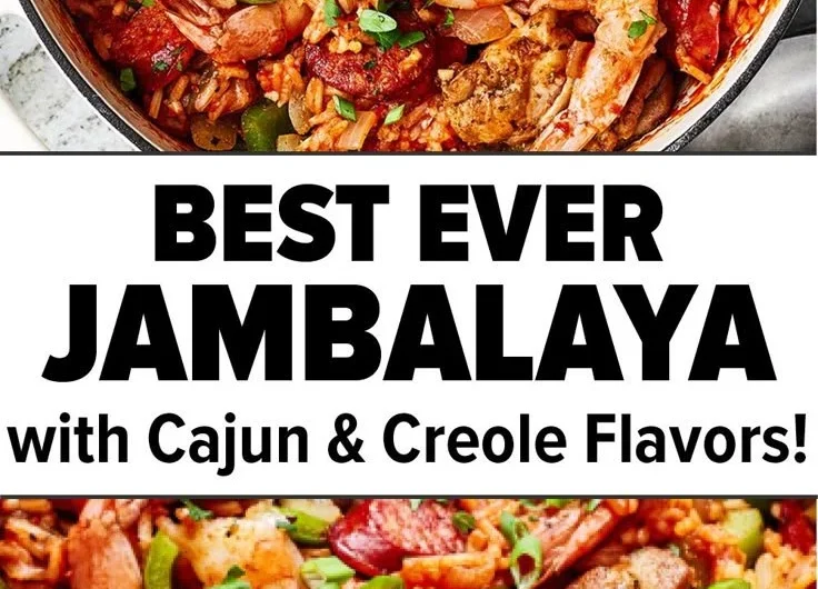 A colorful bowl of jambalaya with rice, shrimp, sausage, and spices.