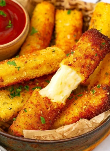 Delicious homemade Keto Mozzarella Sticks ready to enjoy as a low carb snack