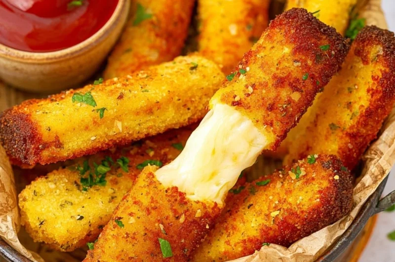 Delicious homemade Keto Mozzarella Sticks ready to enjoy as a low carb snack