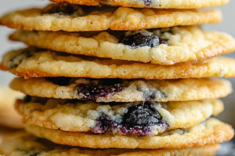 Vegan lemon blueberry cookies on a baking tray with fresh blueberries and lemons.