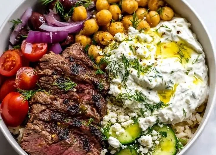 Mediterranean Steak Bowl with fresh ingredients and vibrant flavors
