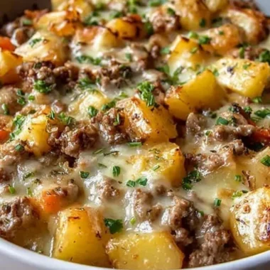 One-Pan Cheesy Meat & Potato Skillet dish with melted cheese and savory meat