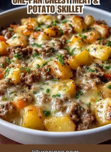 One-Pan Cheesy Meat & Potato Skillet dish with melted cheese and savory meat