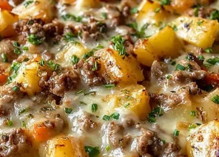 One-Pan Cheesy Meat & Potato Skillet dish with melted cheese and savory meat