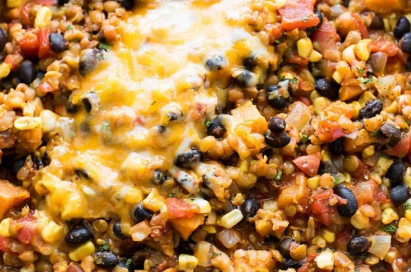 A bowl of One Pot Mexican Lentils garnished with fresh cilantro and lime.